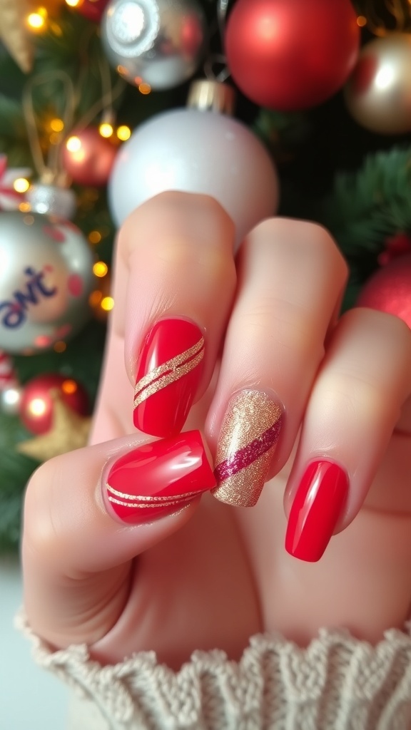 Elegant Red and Gold Christmas Nail Art Elegant red and gold Christmas nail art with festive designs on a holiday-themed background.